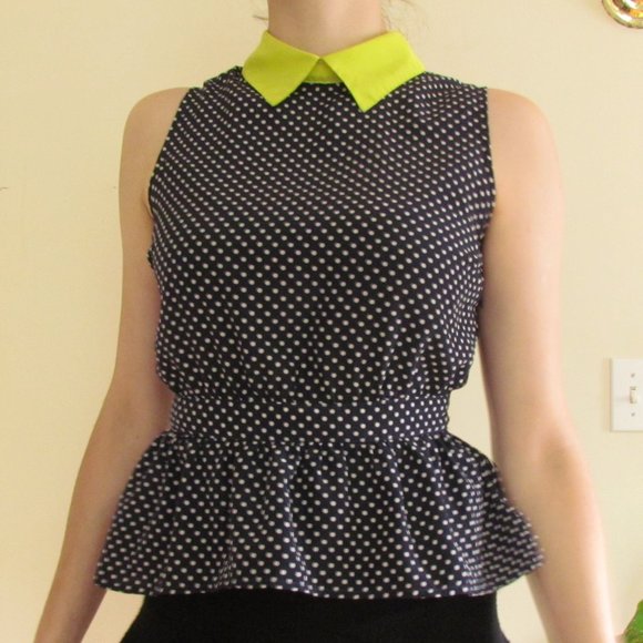 50's Lime Green Collar Navy Polka Dot Peplum Top - Picture 2 of 5